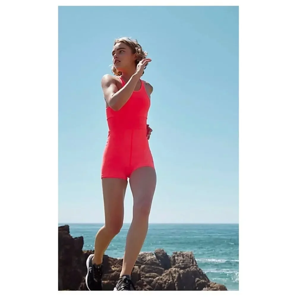 Free People FP Movement Every Single Time Runsie Size M/L Neon Coral Romper